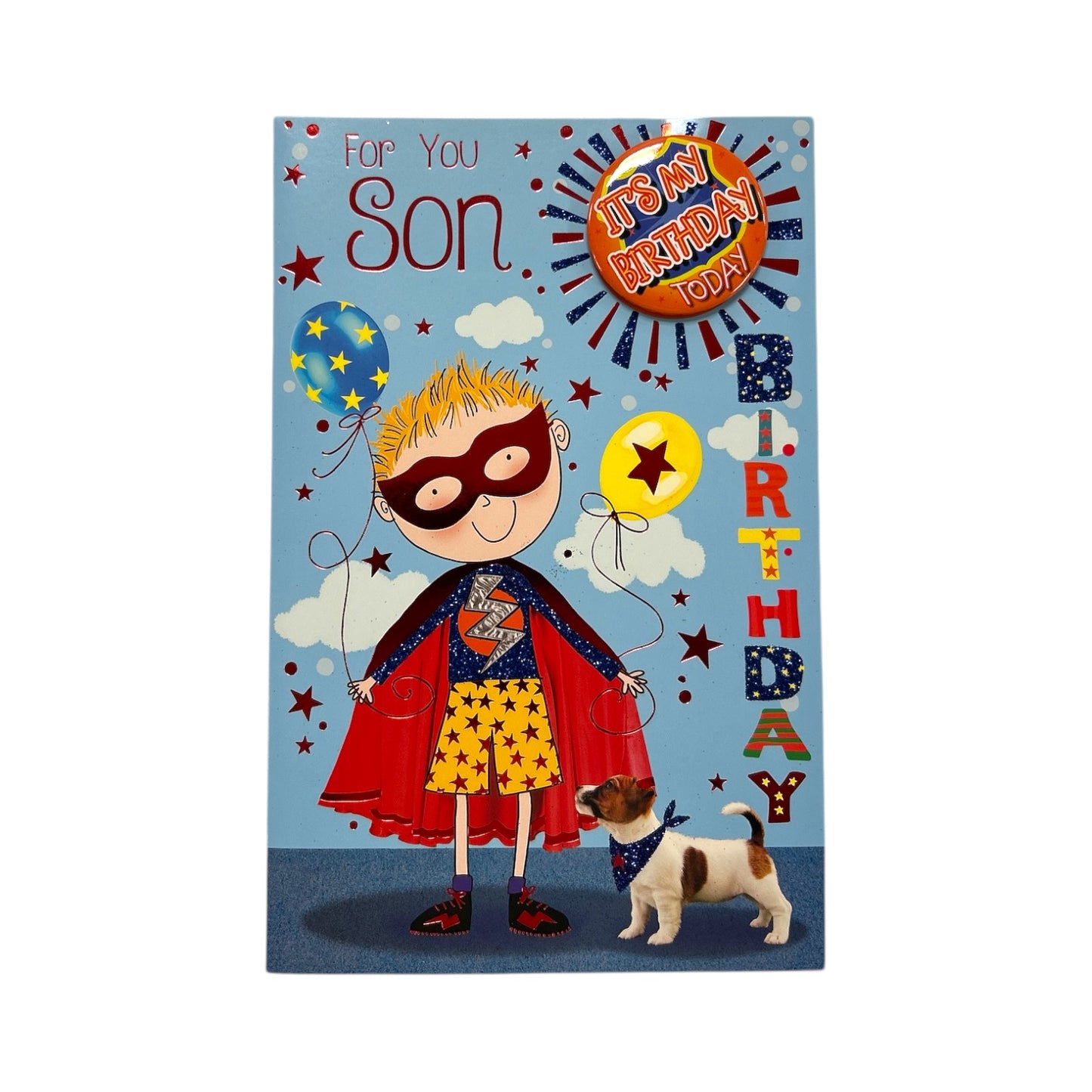 For You Son Superhero Theme Juvenile Birthday Card With Badge