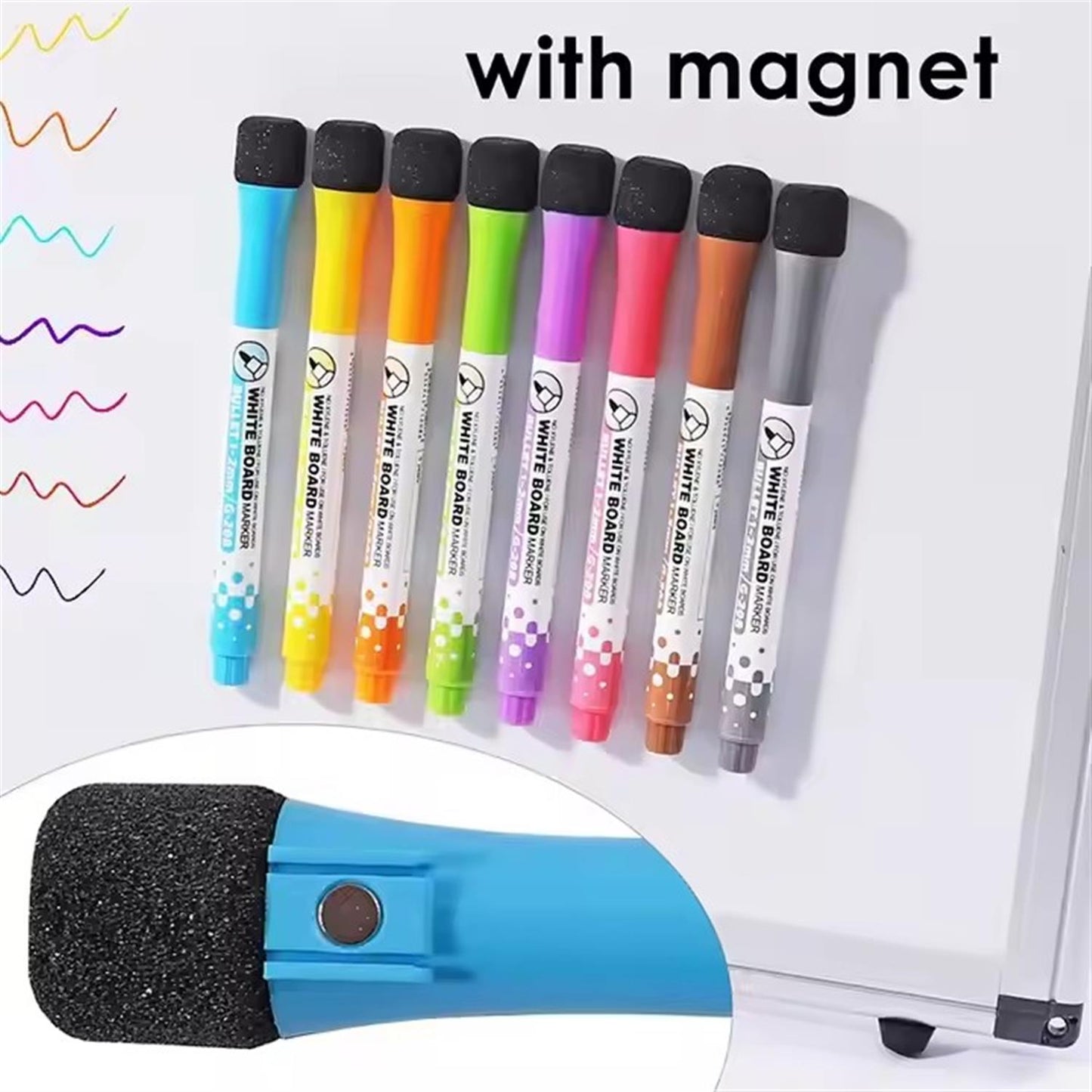 Pack of 8 Magnetic Whiteboard Marker Pens With Built‑In Magnet & Eraser