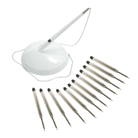 White Reception Desk Pen with 12 Blue Medium Point Ballpoint Pen Refills