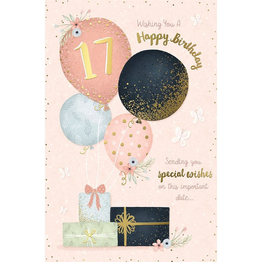 Balloons and Presents 17th Birthday Card for Her