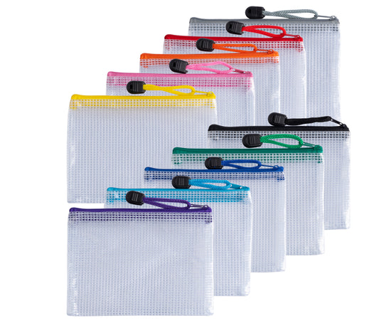 Pack of 10 A6 Assorted PVC Mesh Coloured Zip Bags