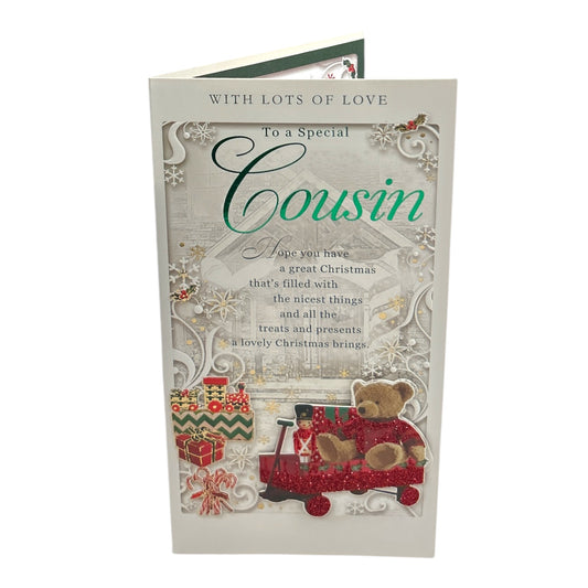 To a Special Cousin Teddy On Sleigh Design Christmas Card