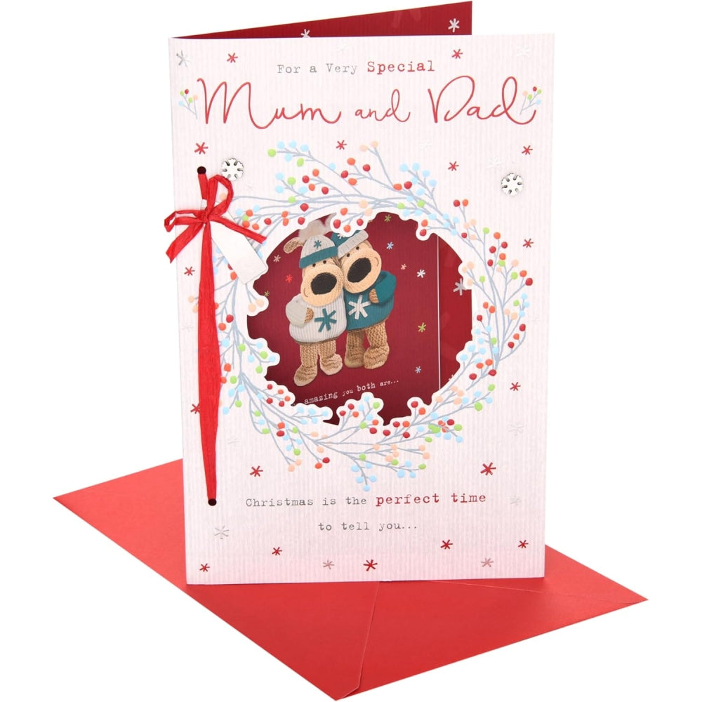 Boofles In Wreath Mum & Dad Christmas Card