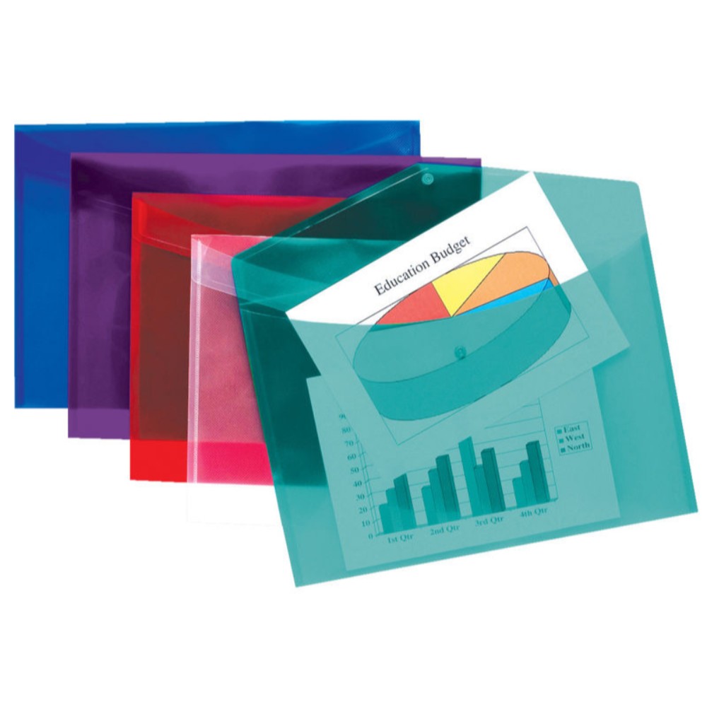 Pack of 5 A3 Assorted Colour Plastic Document Wallets - Stud Closure