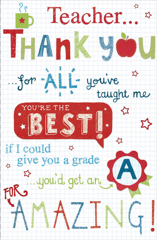 Thank You Teacher Greeting Card A Grade, You're The Best 