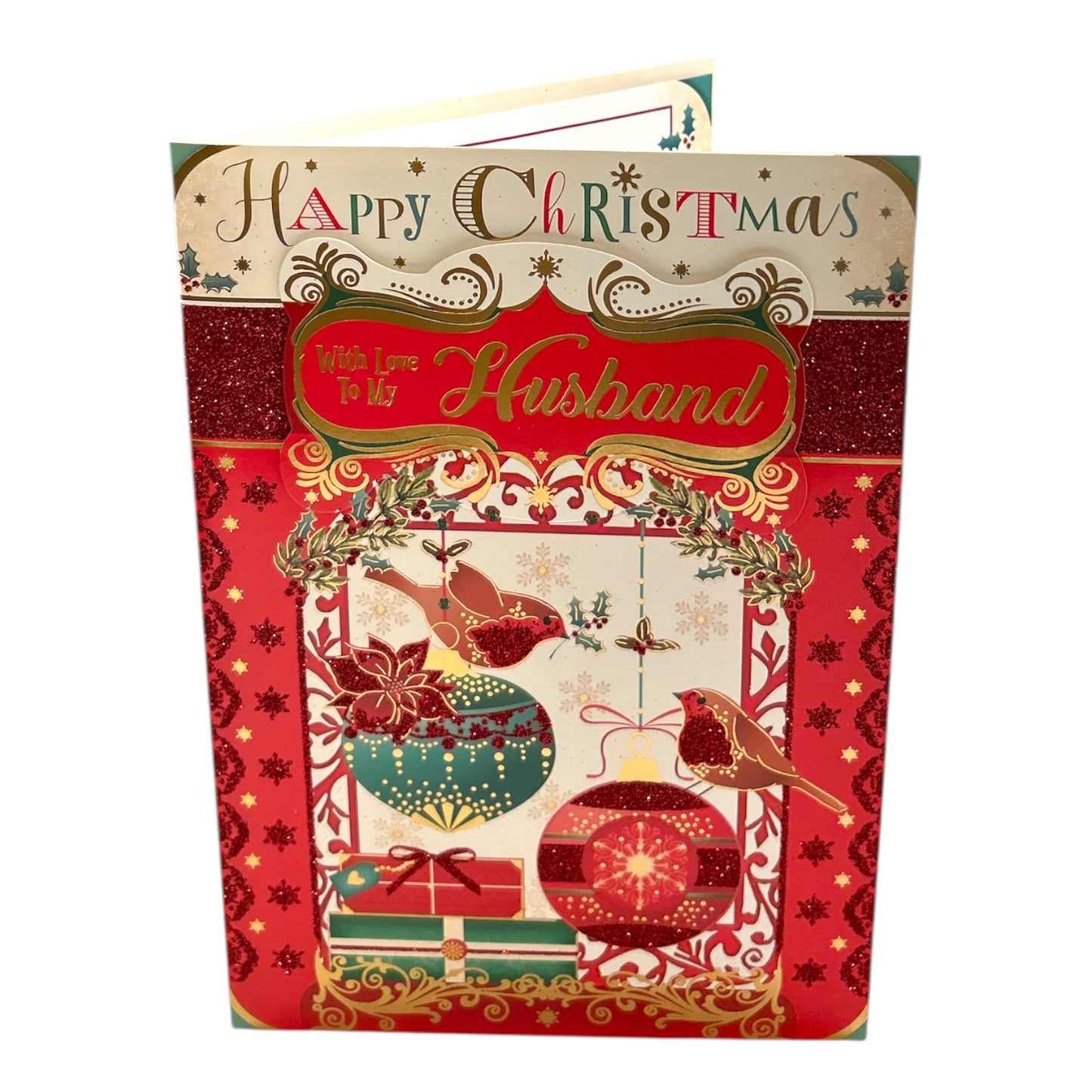 With Love To My Husband Birds On Baubles Design Christmas Card