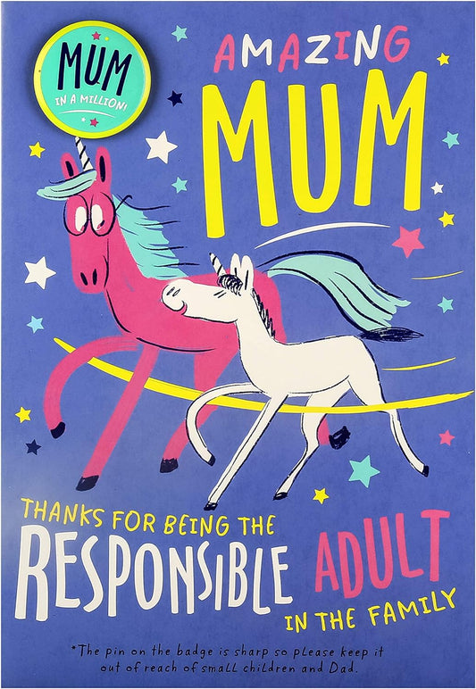 Mum Neon Unicorn Design Mother's Day Card with Badge