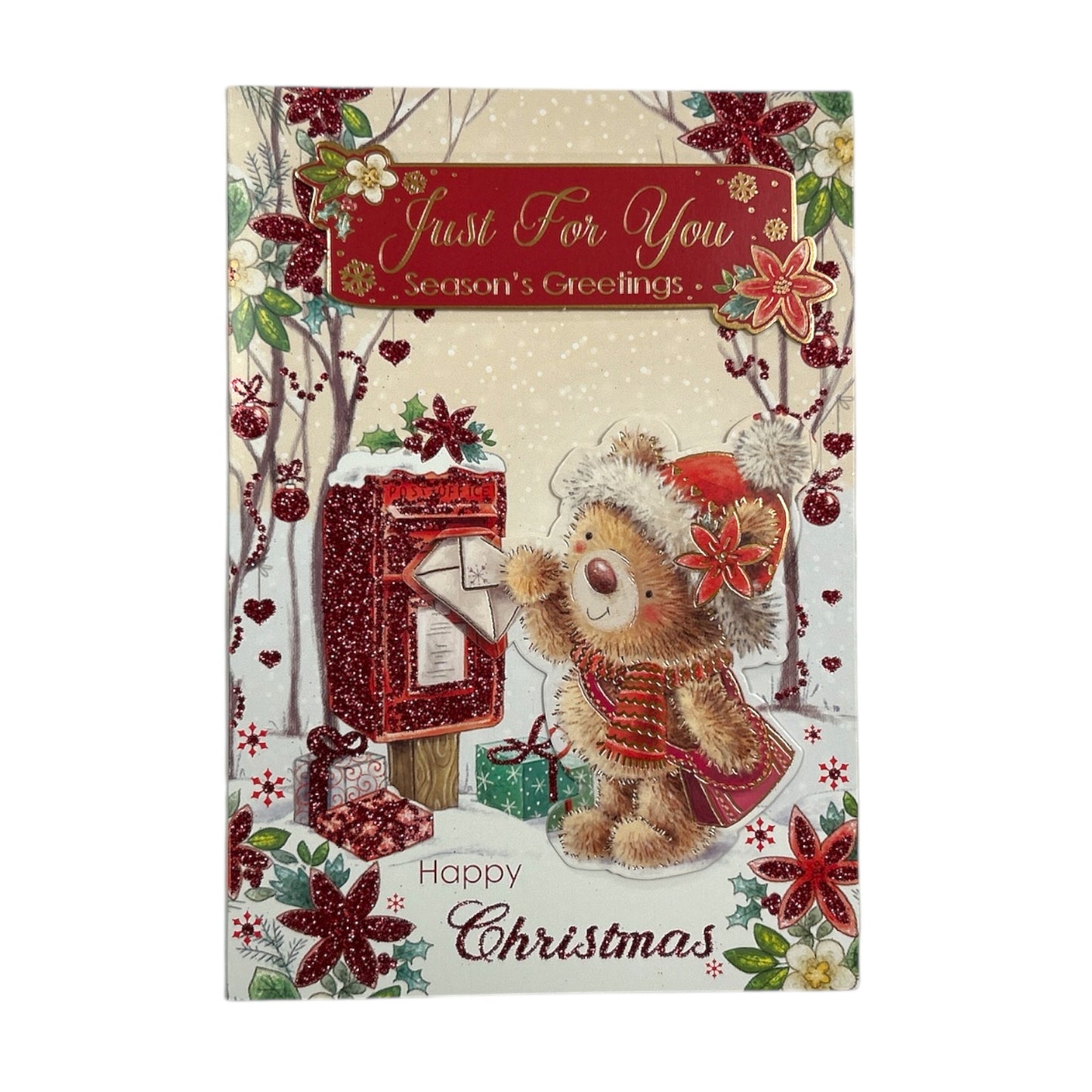 Just For You Teddy At Mail Box Design Open Christmas Card