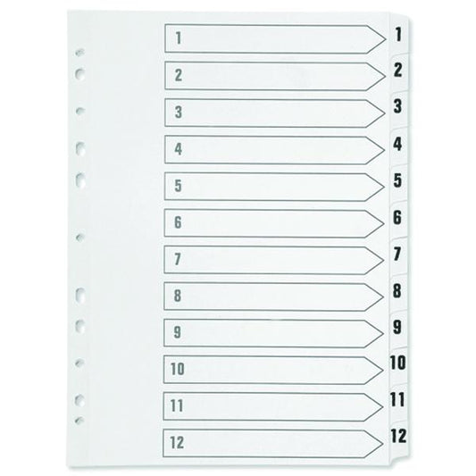 A4 White Polypropylene Multi-punched 1-12 Index Dividers for ring binders/lever arch