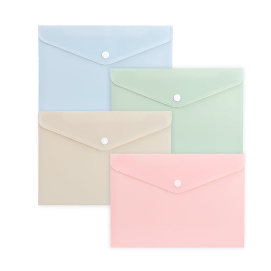 Pack of 12 A4 Assorted Light Pastel Coloured Soft Touch Plastic Document Wallets with Button Closure