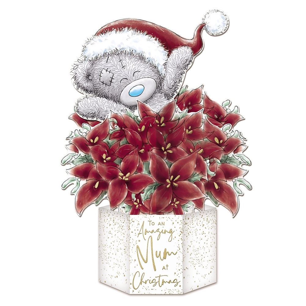 Bear Popping Out Of Poinsettia Flowers Mum Luxury Pop-Up 3D Christmas Card