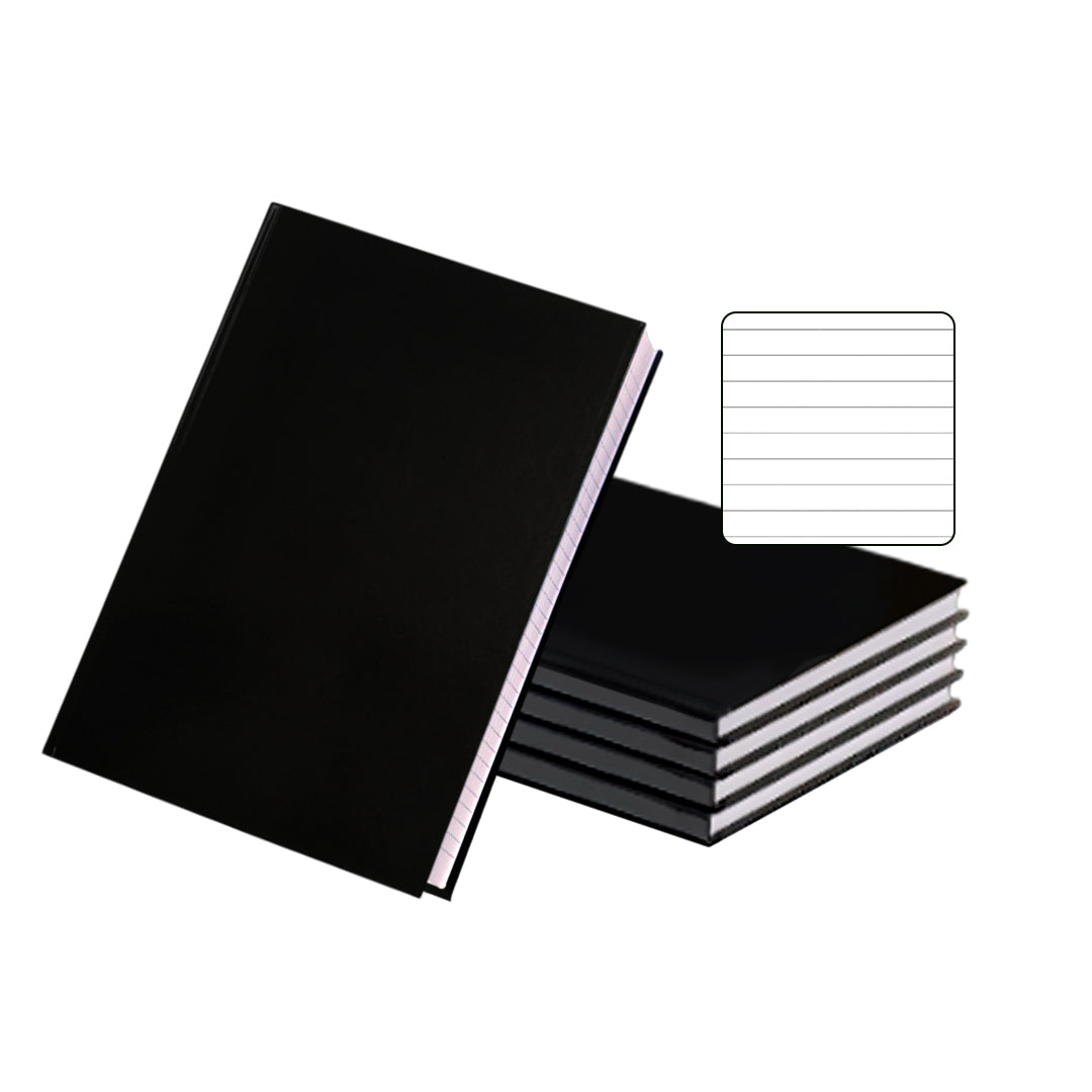 Pack of 5 A5 160 Pages 8mm Ruled Charcoal Black Casebound Notebooks