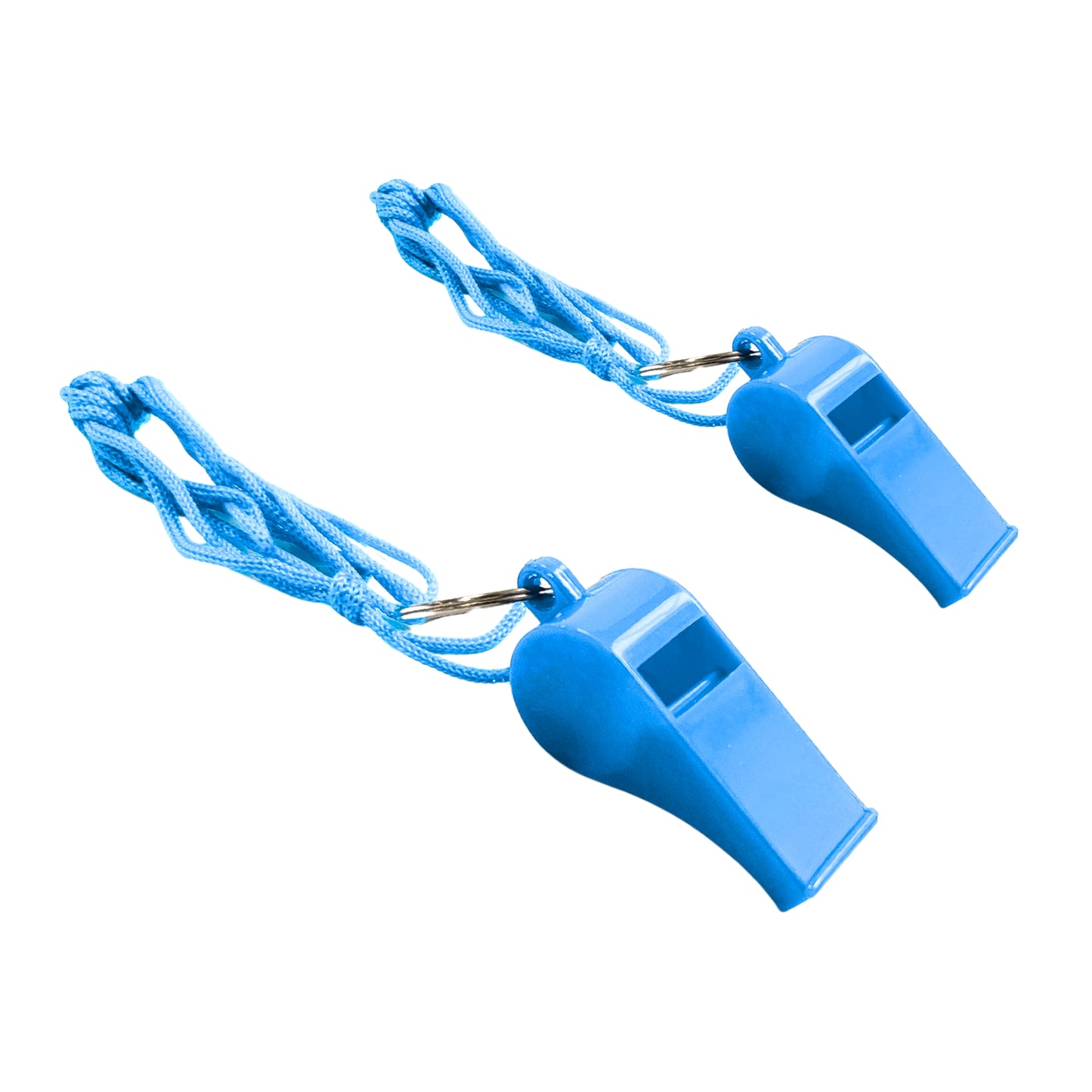 Bag of 100 Light Blue Plastic Whistles with Lanyard Neck Cord