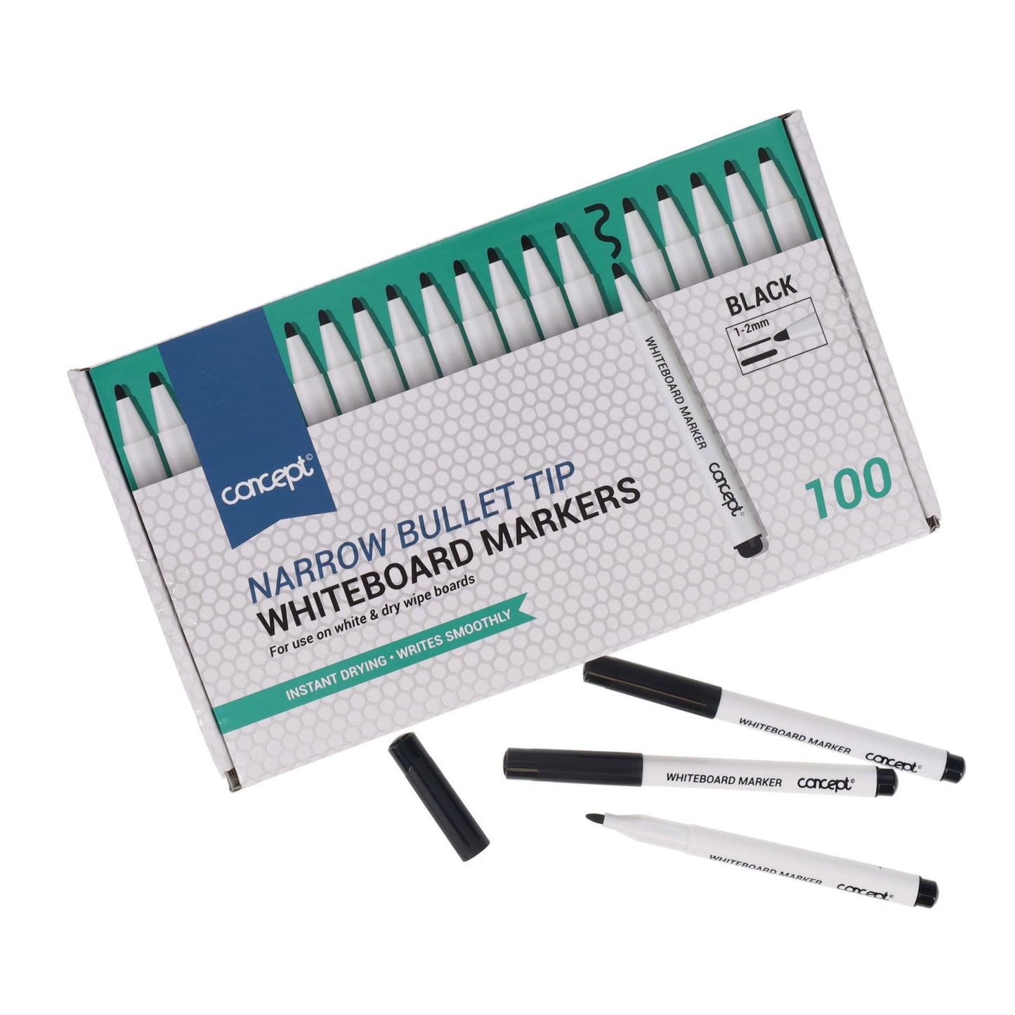 Box of 100 Narrow Bullet Tip Black Whiteboard Markers by Concept