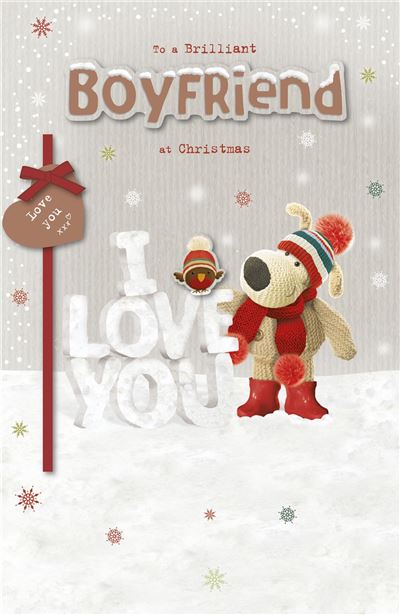 To a Brilliant Boyfriend Boofles Stood in The Snow with Big Snow Words Christmas Card