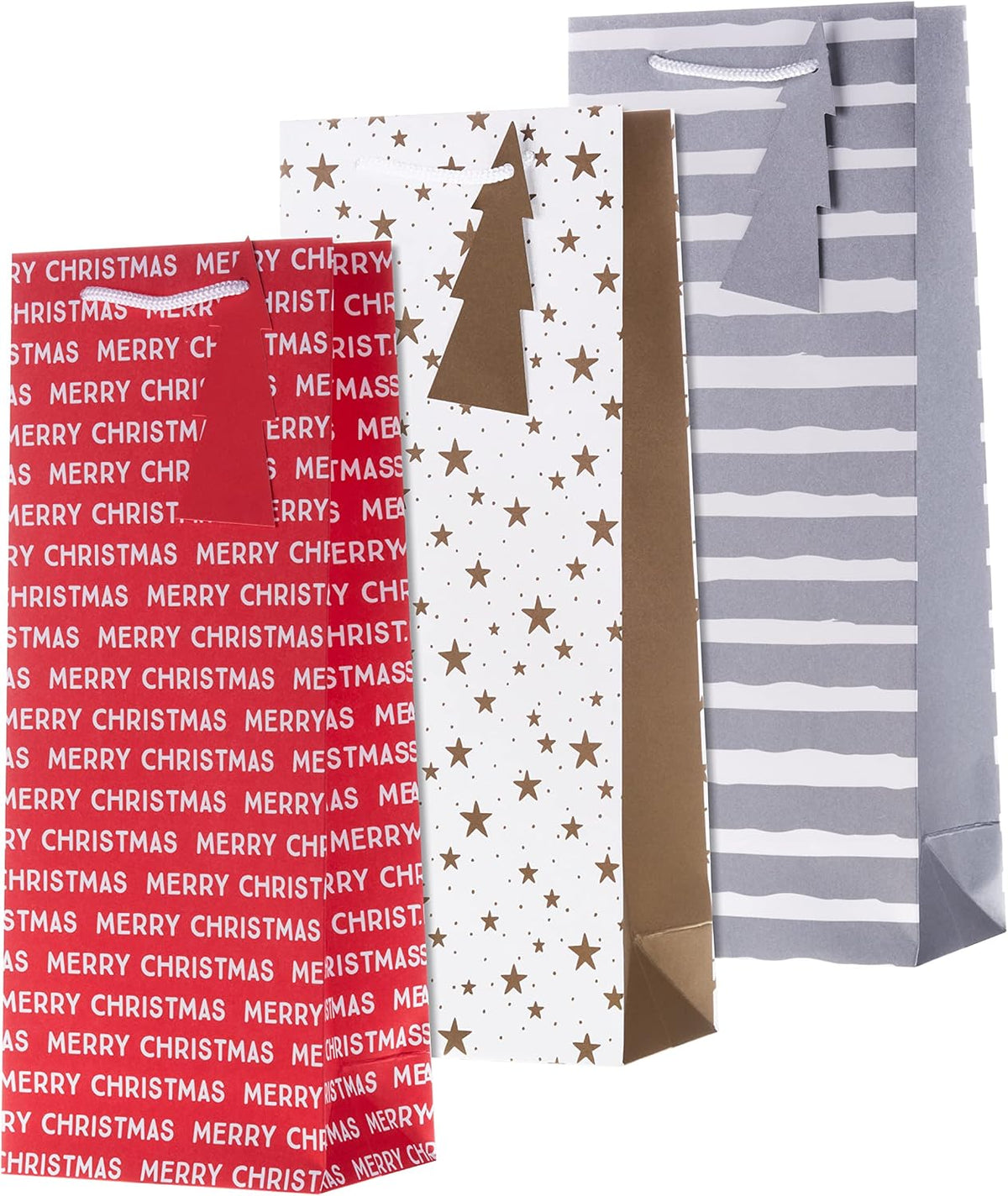 Festive Design Pack of 3, Red, Silver and Gold Christmas Bottle Gift Bags