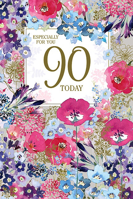 90th Birthday Card for Her with Gold Foiling Poppies