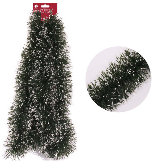 2m Christmas Fine Cut Tinsel - Green Snow Tipped