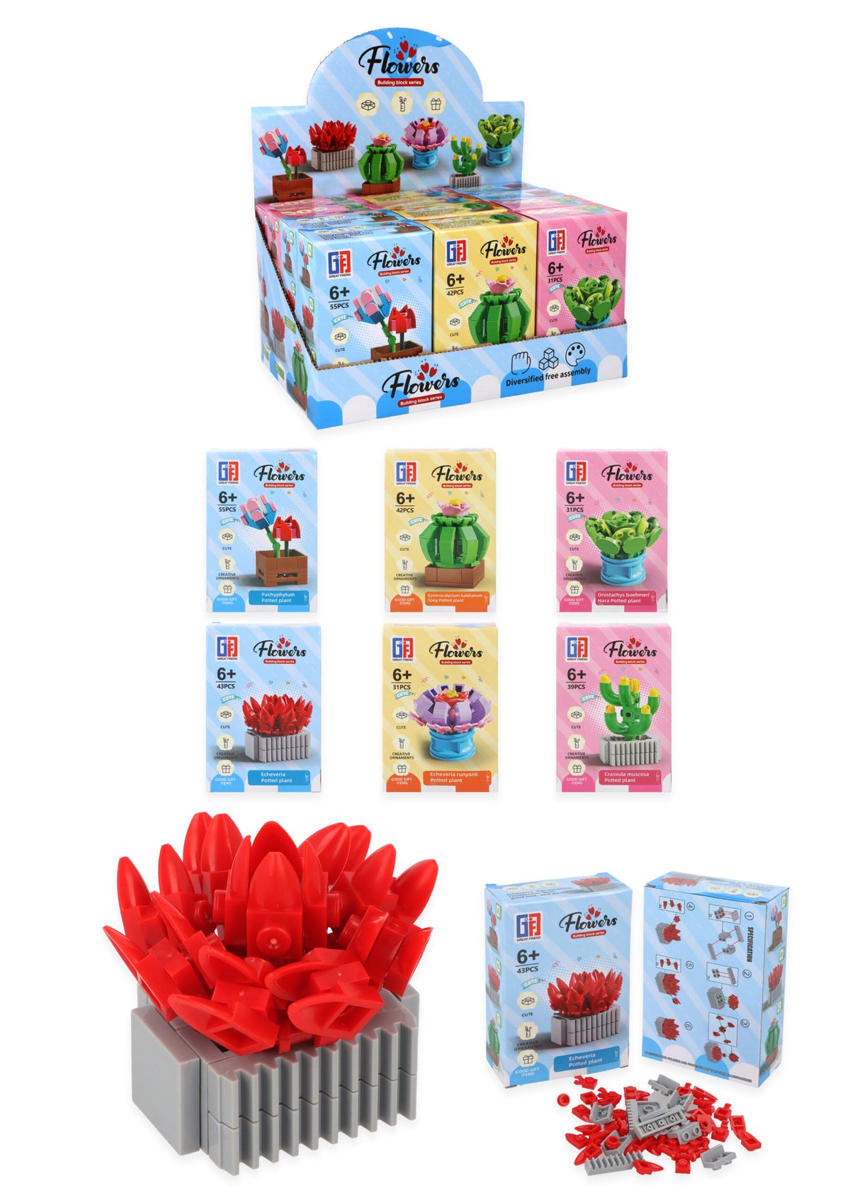 Pack of 3 Potted Plant Lego Block Kit - Construction Toys Party Favours Stocking Fillers 