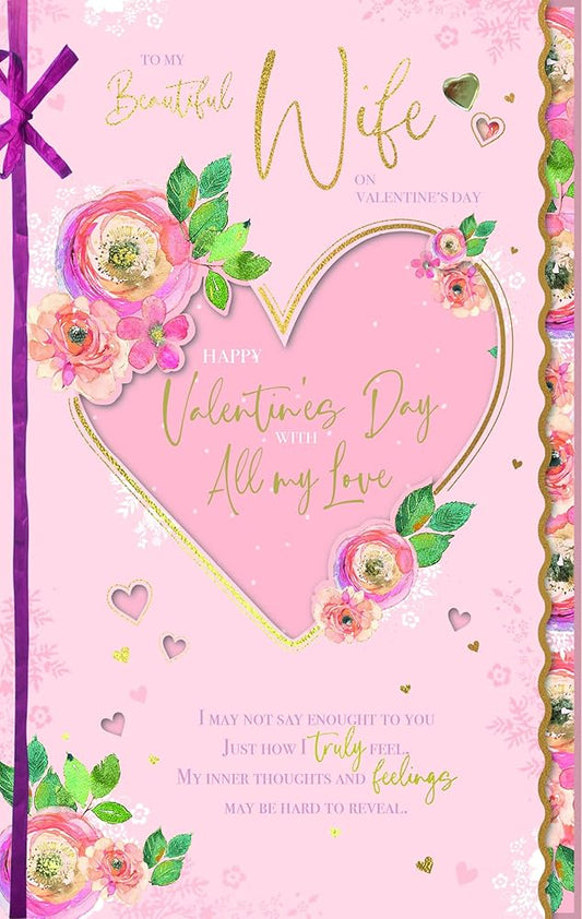 Heart And Flowers Beautiful Wife Luxury Handmade Valentine's Day Card