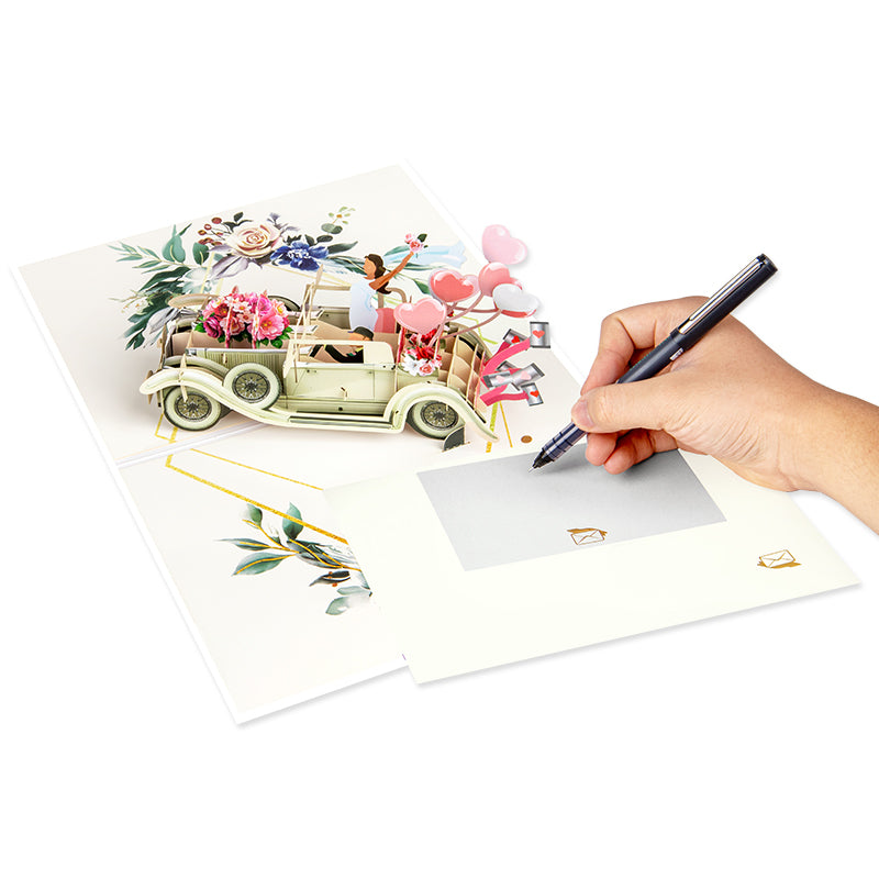 Vintage Car with Bride & Groom “Just Married” 3D Pop Up Wedding Congratulations Card