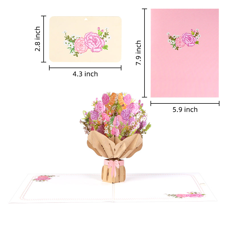 Bouquet of Pink Carnation 3D Pop Up Greeting Card - Mother's Day Anniversary Birthday
