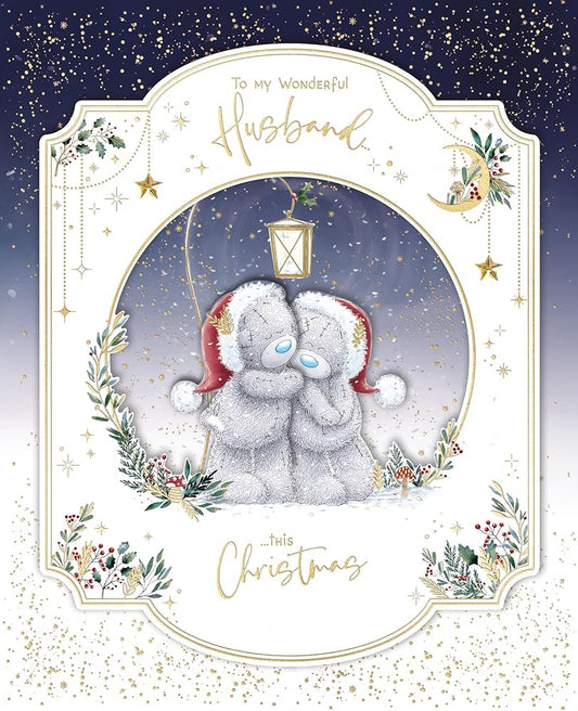 Bears Under Lamp For A Wonderful Husband Luxury Boxed Handmade Christmas Card