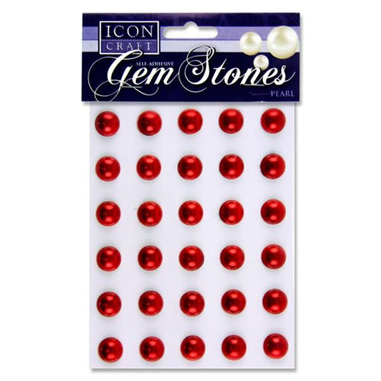 Pack of 30 Pearl Red Self Adhesive 14mm Gem Stones by Icon Craft