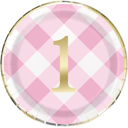 Pack of 8 Pink Gingham 1st Birthday Round 9" Dinner Plates