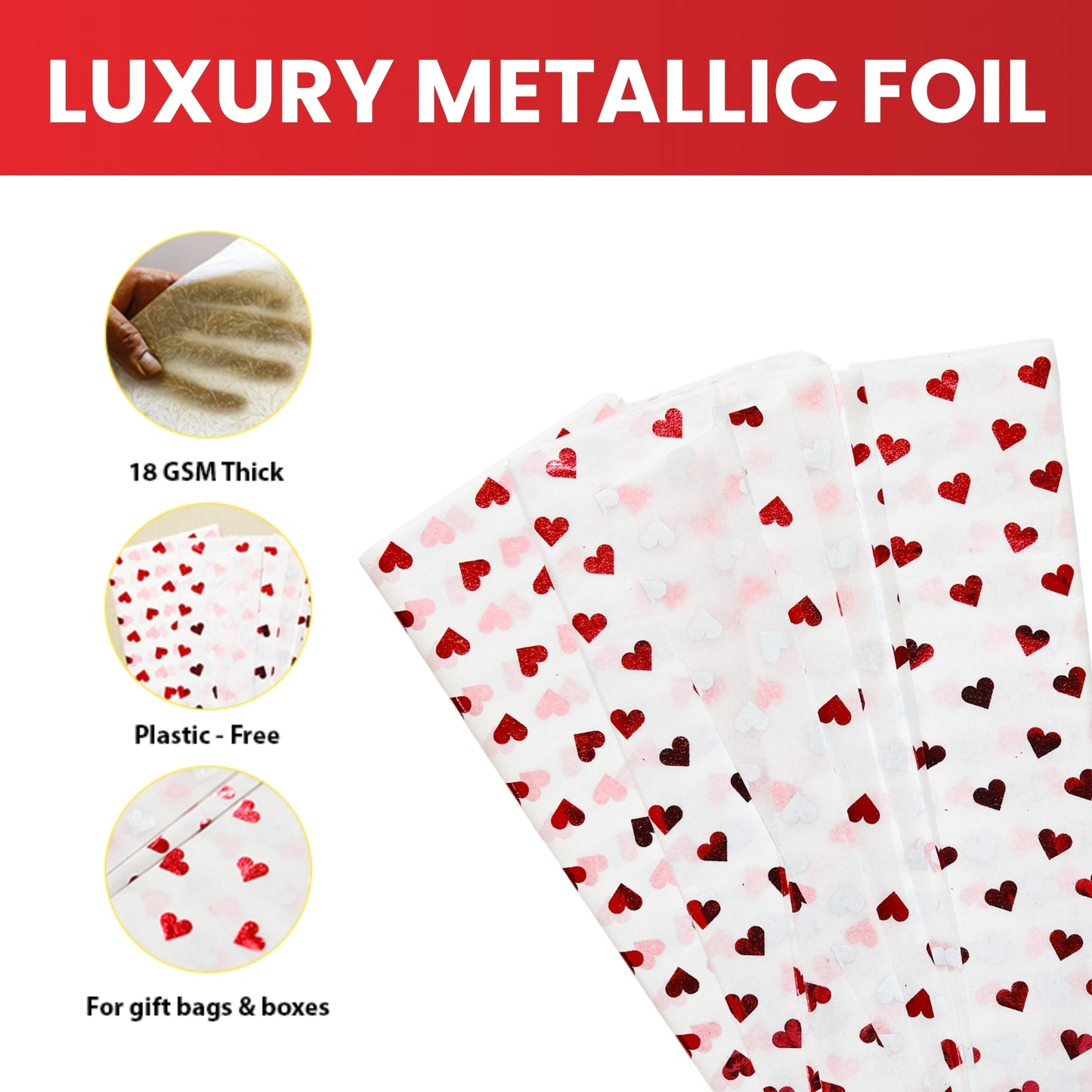 Pack of 10 Valentine Hearts Red Luxury Metallic Plastic-Free 18gsm Tissue Paper Sheets 50x70cm - Patterned Tissue Paper for Xmas, New Year, Party, Wedding, Birthday Packing Present Gift Box DIY Art Crafts