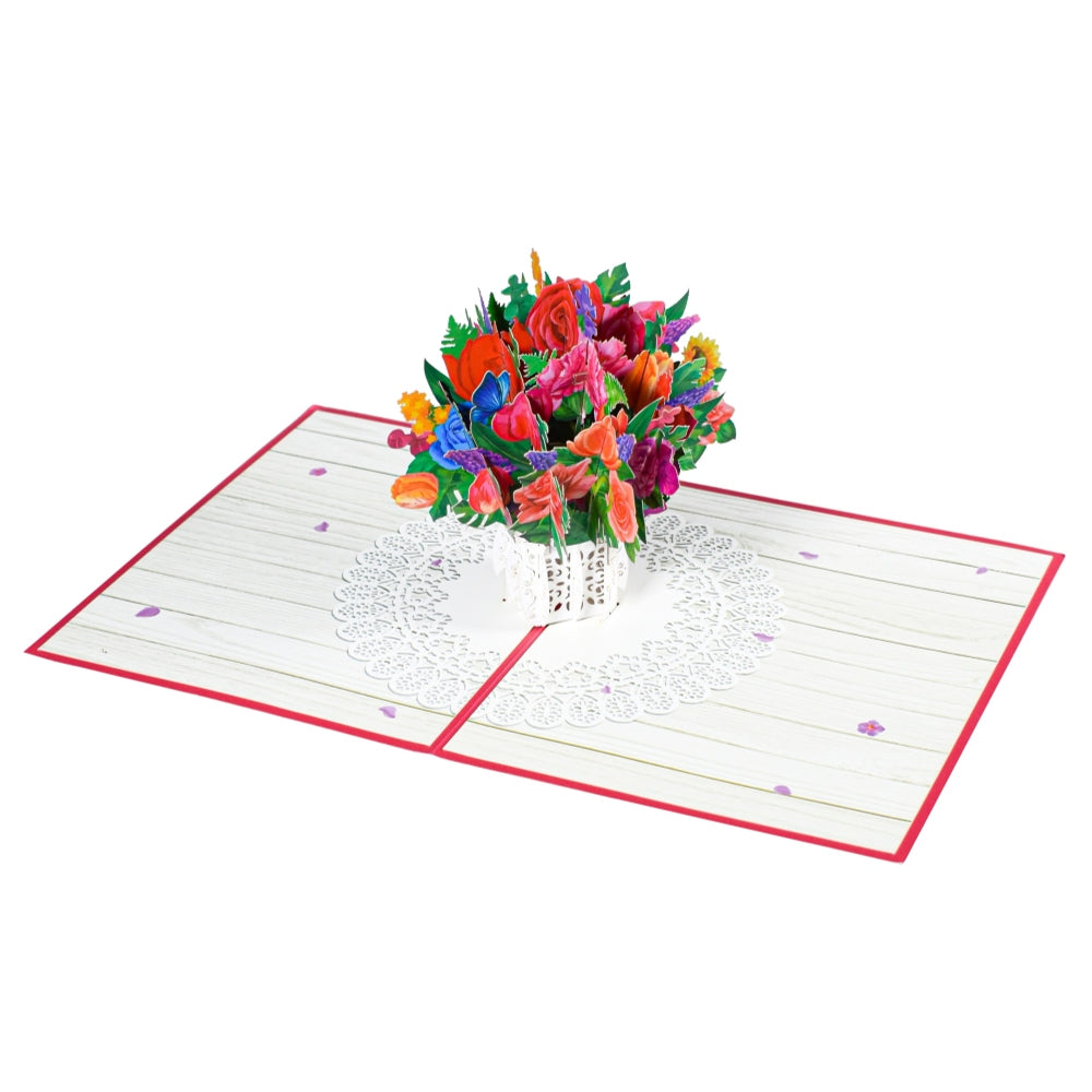 Roses Lace Bloom 3D Vase Bouquet Pop-Up Greeting Card - Mother's Day Congratulations Anniversary Birthday