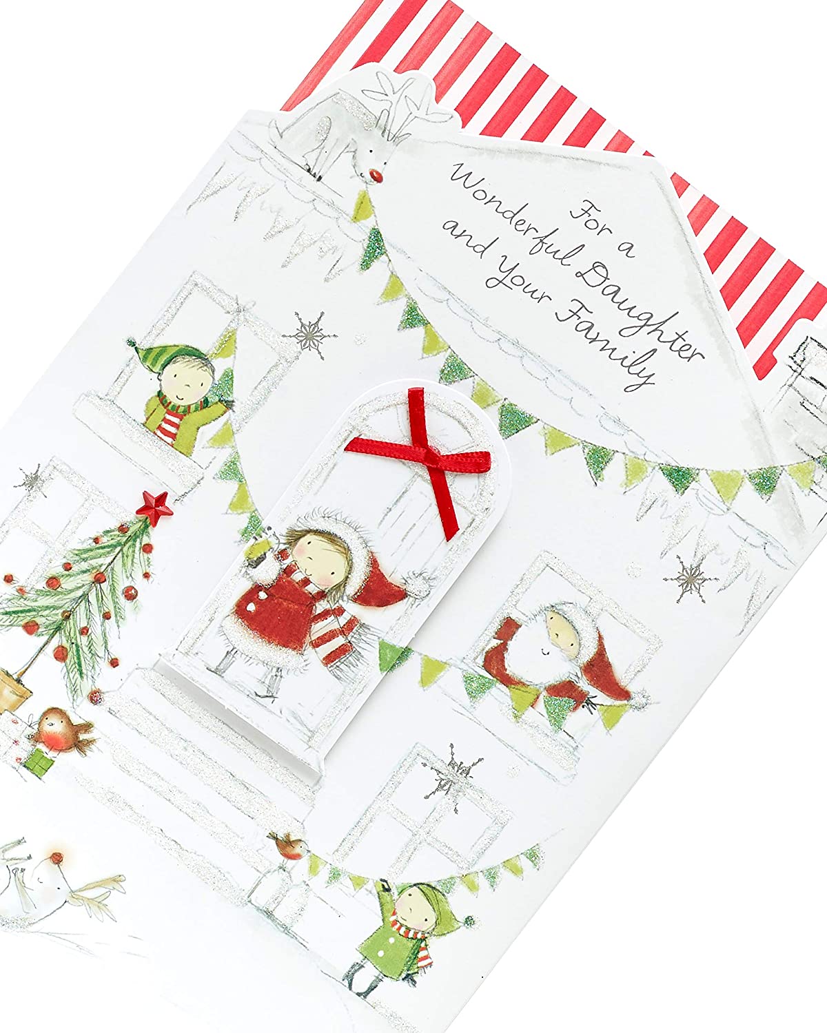 Daughter and Family Christmas Card with Red Bow