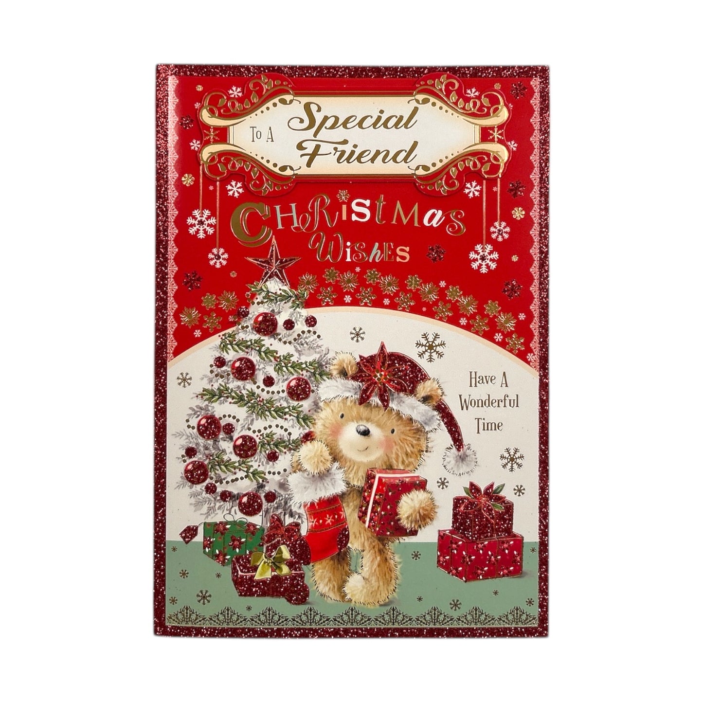 To a Special Friend Teddy With Stocking and Gift Design Christmas Card