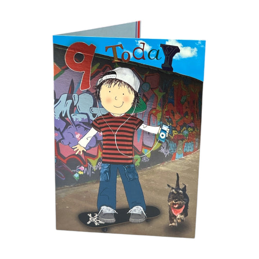 Age 9 Male Juvenile Boy On a Skateboard Birthday Card