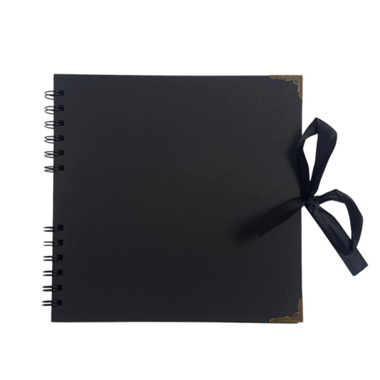 30 Sheets 20x20cm Spiral Bound 180gsm Black Scrapbook with Ribbon Closure and Metal Corners