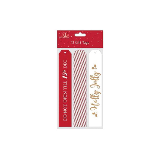 12 Traditional Long Luggage Glitter and Foil Text Christmas Gift Tags