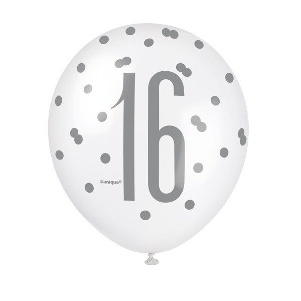 Pack of 6 Birthday Black Glitz Number 16 12" Latex Balloons