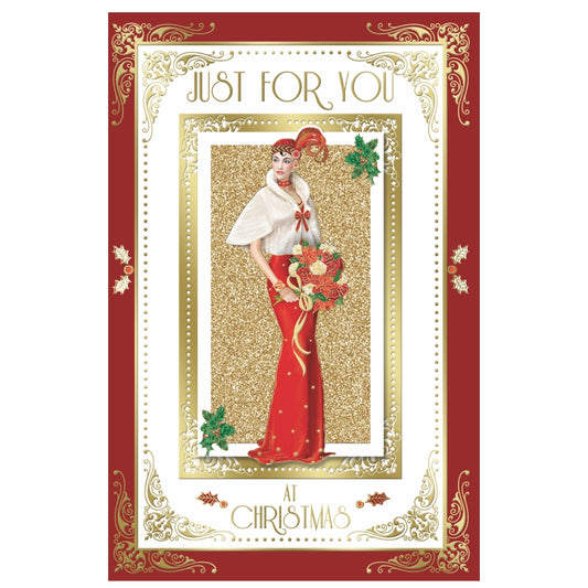 Just For You Elegant Woman Holding Flowers Design Christmas Card