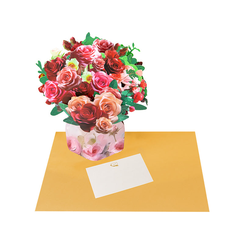 Blushing Blooms Rose Bouquet 3D Pop Up Vase Greeting Card - Birthday Anniversary Mother's Valentine's Day