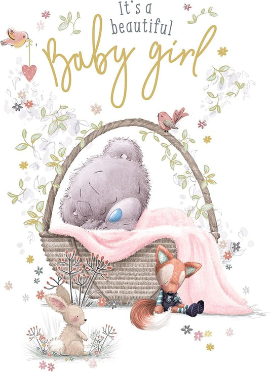 Bear Sleeping In Basket Birth Baby Girl Congratulations Card
