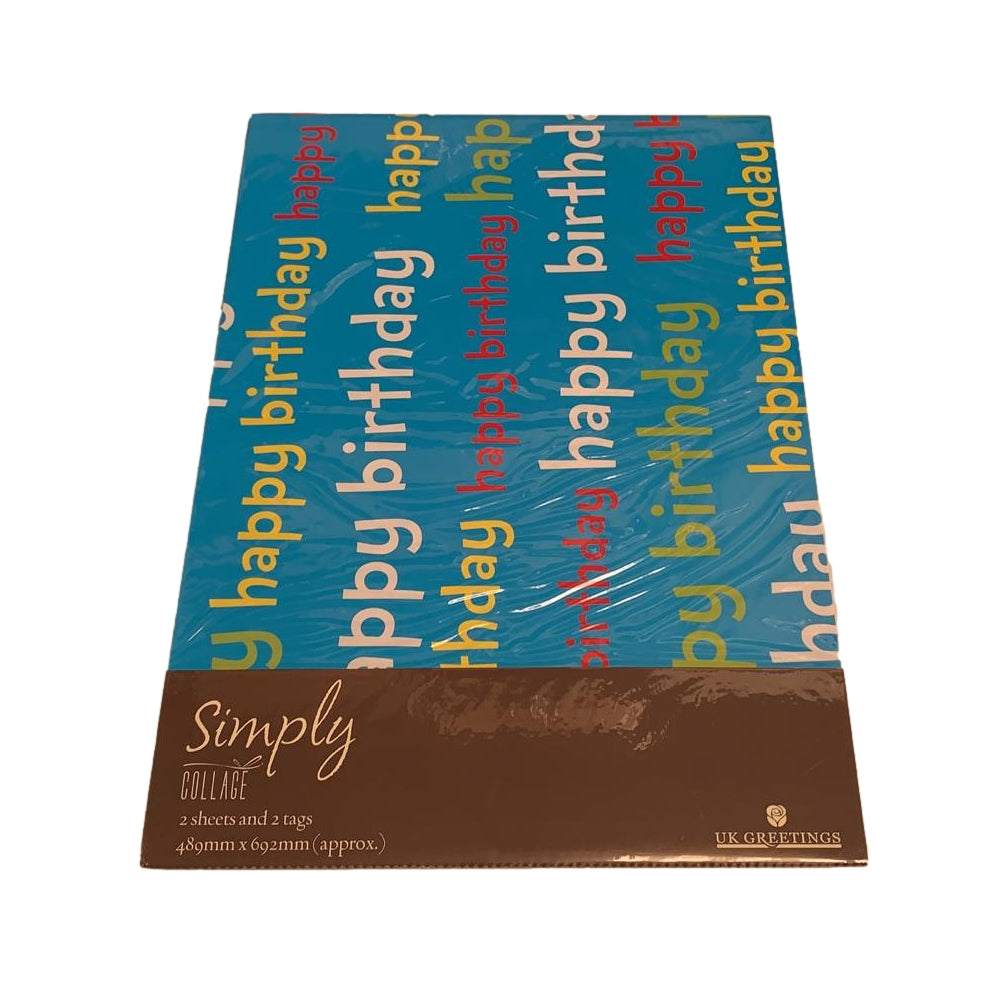 Blue Happy Birthday Text Gift Wrap 2 Sheets 2 Tags 