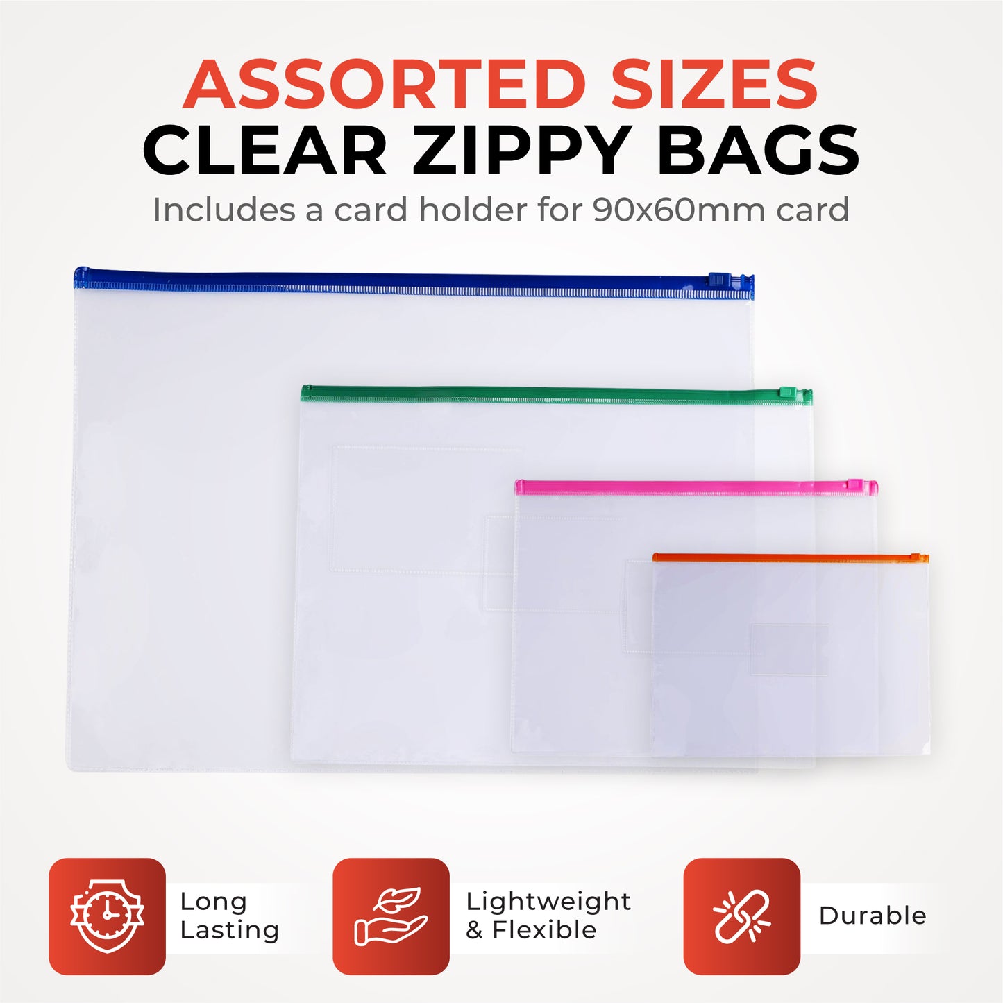 Pack of 12 A3 Clear Zippy Bags with Orange Zip