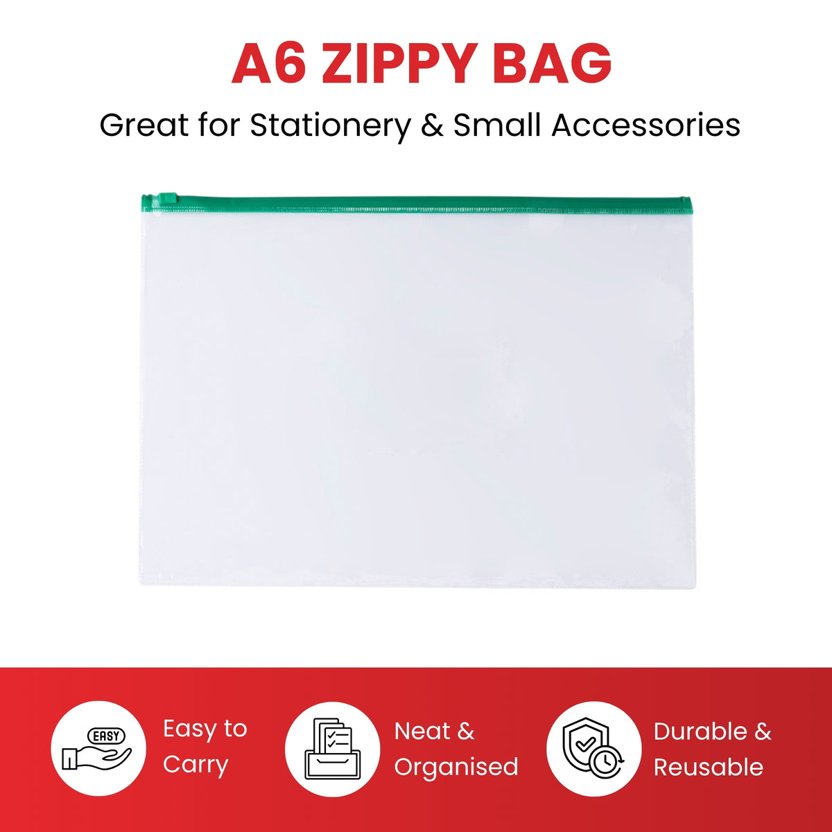 Pack of 12 A6 Clear Zippy Bags with White Zip