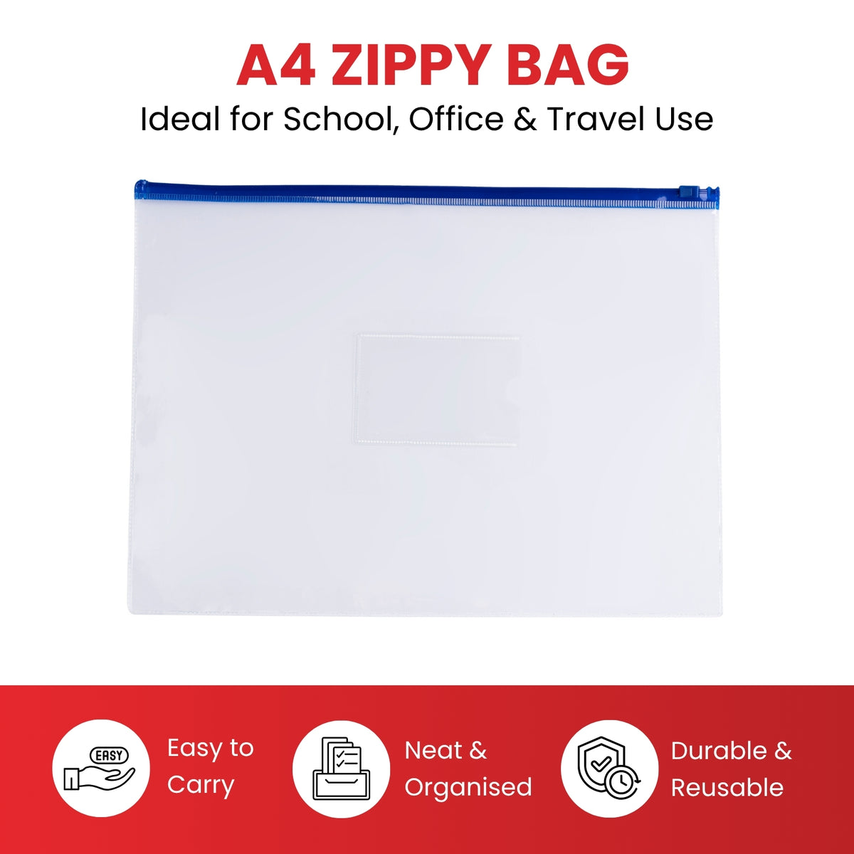 Pack of 12 A4 Clear Zippy Bags with Grey Zip