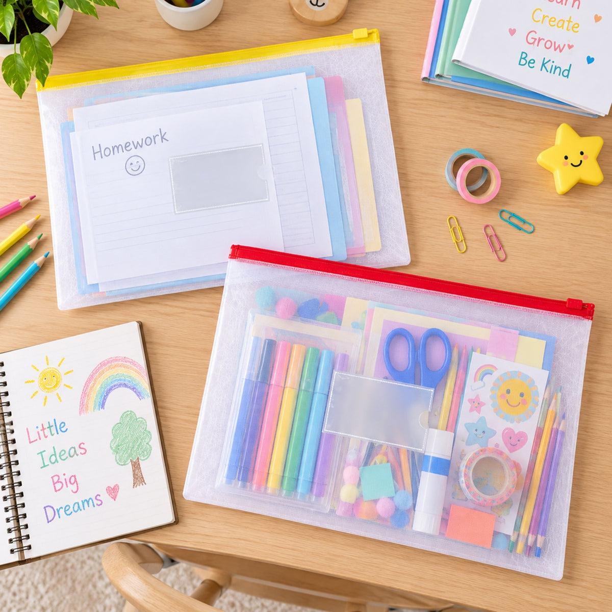 Pack of 12 A4+ Foolscap Clear Zippy Bags with Green Zip