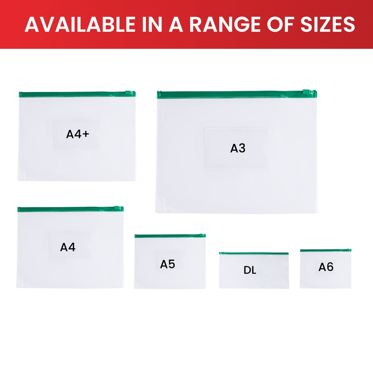 Pack of 12 A4+ Foolscap Clear Zippy Bags with Green Zip