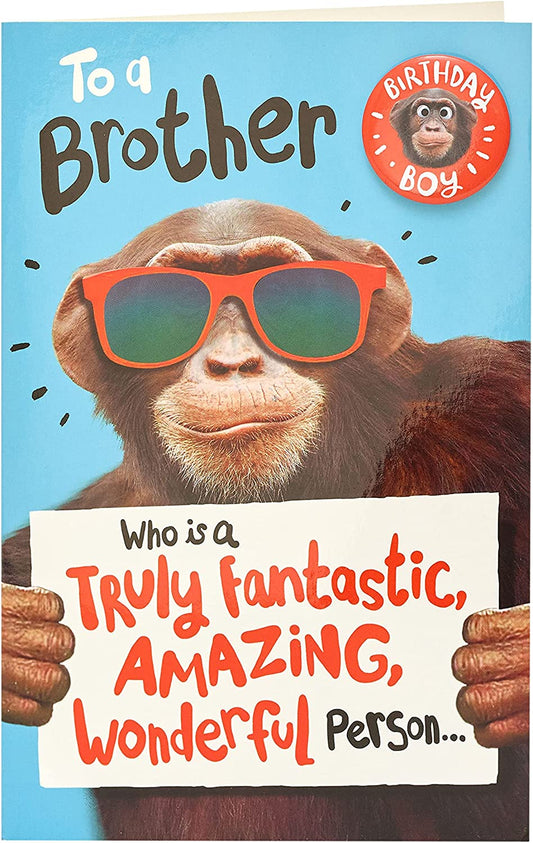 Funny Monkey Design Brother Birthday Card with Badge