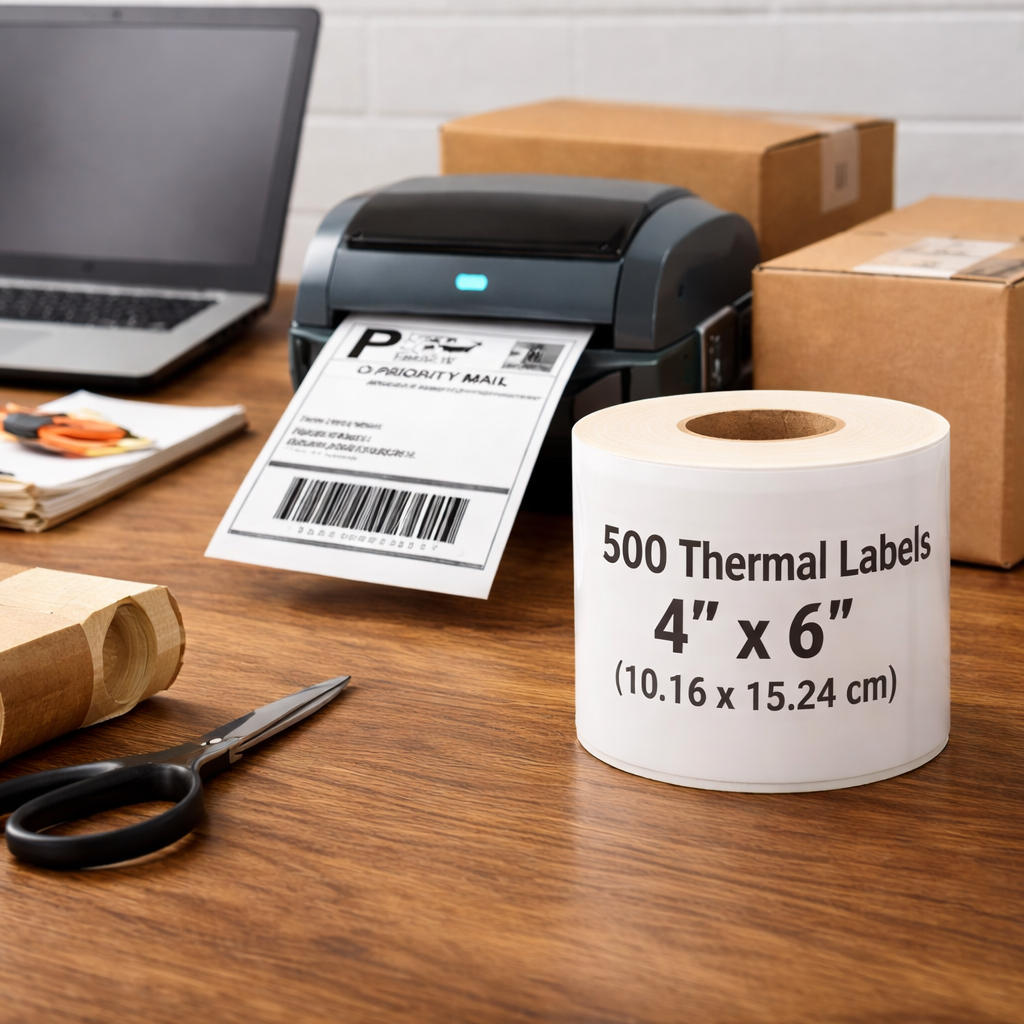 Roll of 500 White Self Adhesive Thermal Printer Labels 4" x 6" (10.16 x 15.24cm)