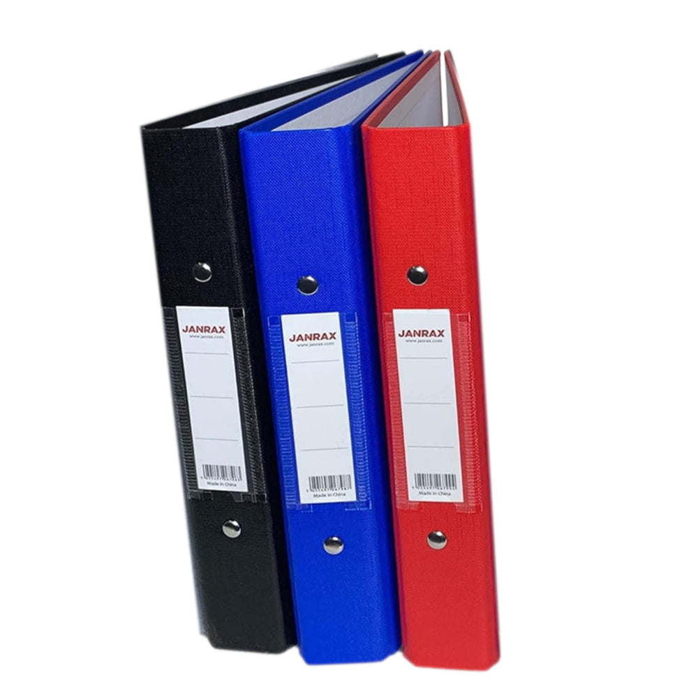 Pack of 3 Janrax A4 Paper Over Board Ring Binders – 2 O-Ring Mechanism, 35mm Spine, Spine Label – Black, Blue, Red