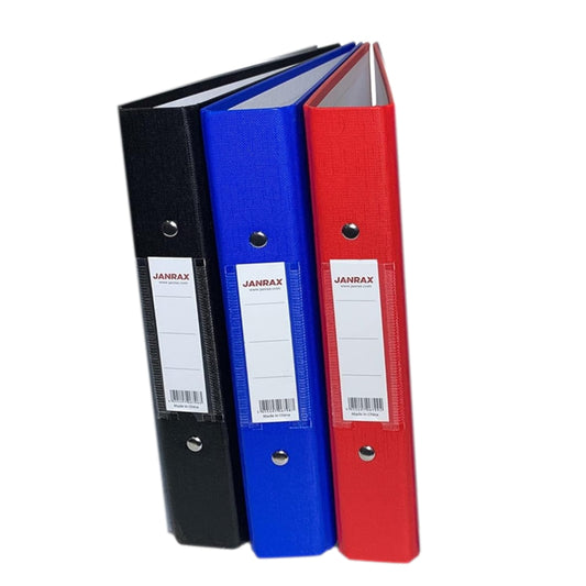 Pack of 3 Janrax A4 Paper Over Board Ring Binders – 2 O-Ring Mechanism, 35mm Spine, Spine Label – Black, Blue, Red